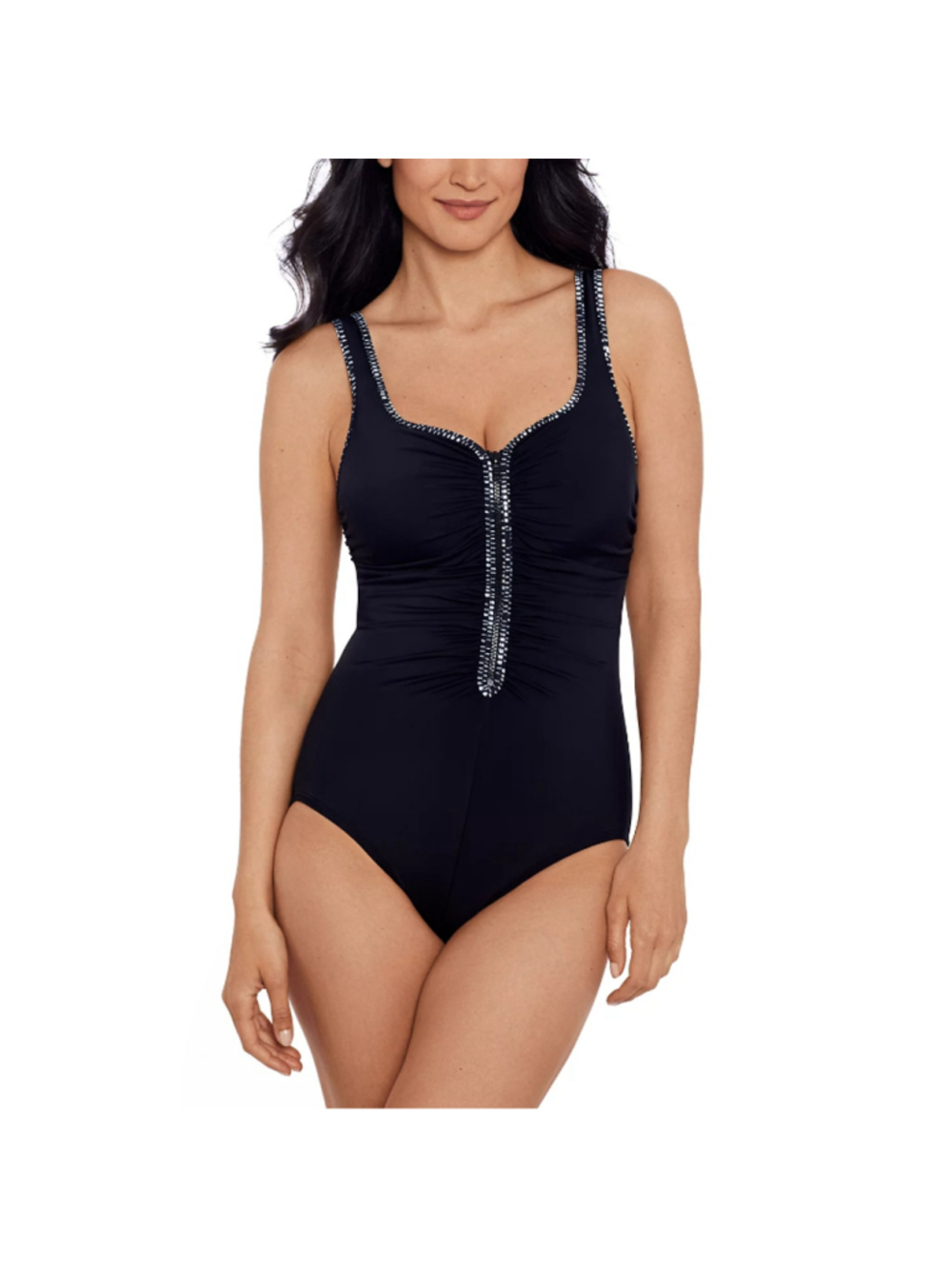 Swim Solutions Women's Size 8 Black Shirred Zip-Front One-Piece Swimsuit NWT